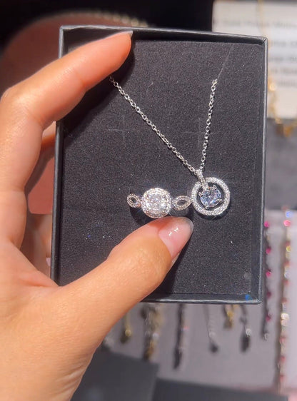 Moissanite Silver Jewelry Set Necklace and Ring Adjustable Size - Canvas & Charms