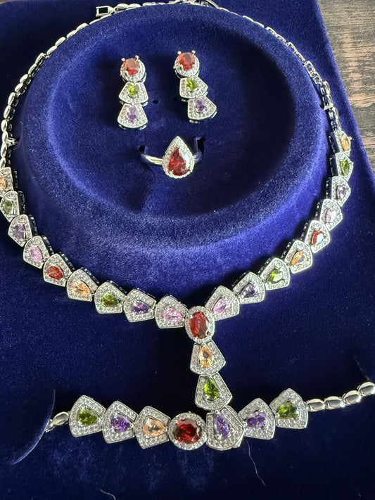 Multicolour Jewellery Set Lariat Necklace Earrings Bracelet Ring - Canvas & Charms