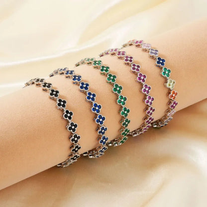 New Fashion Four Leaf Clover Bracelet Colorful Zirconia Luxury Hand Jewelry Bohemian Style Floral Craft - Canvas & Charms