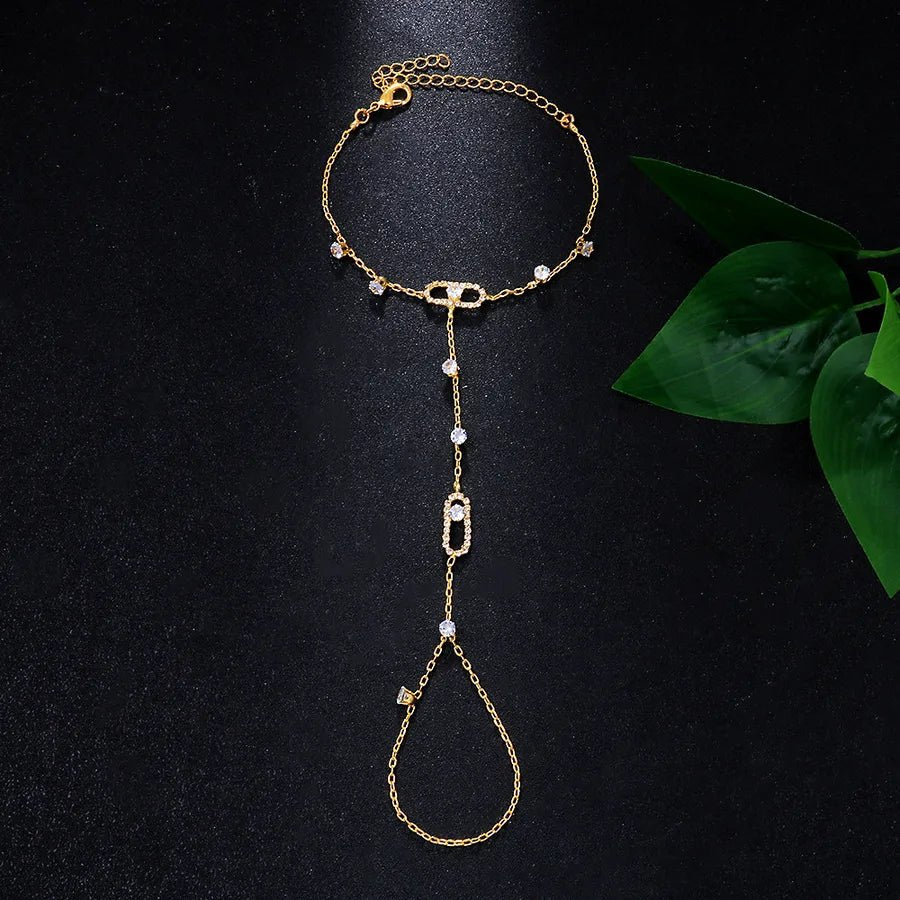 New Geometric Splicing Fresh Style Water Diamond Hollow Finger Linked Bracelet Women's Fashion Jewelry Hand Accessory - Canvas & Charms