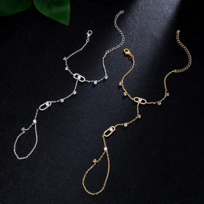 New Geometric Splicing Fresh Style Water Diamond Hollow Finger Linked Bracelet Women's Fashion Jewelry Hand Accessory - Canvas & Charms