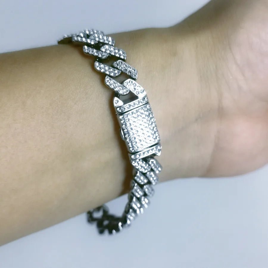 New Hip Hop hiphop Trendy 10 Diamond Flip Cuban Chain Full Diamond Necklace Big Gold Chain - Canvas & Charms