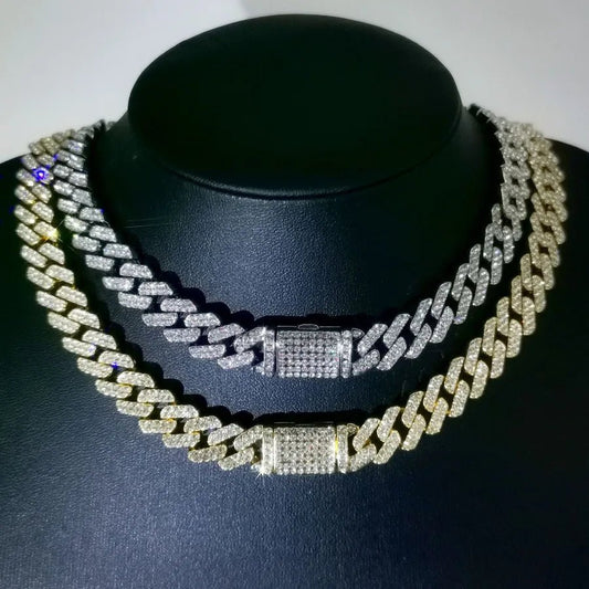 New Hip Hop hiphop Trendy 10 Diamond Flip Cuban Chain Full Diamond Necklace Big Gold Chain - Canvas & Charms
