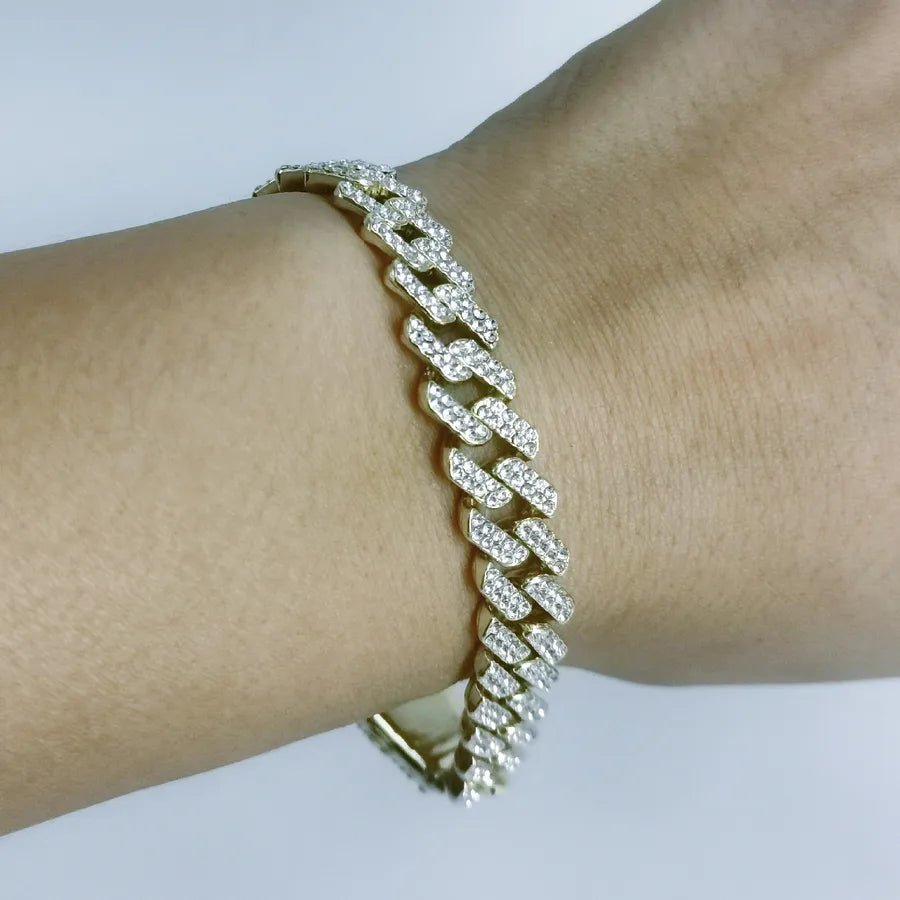 New Hip Hop hiphop Trendy 10 Diamond Flip Cuban Chain Full Diamond Necklace Big Gold Chain - Canvas & Charms