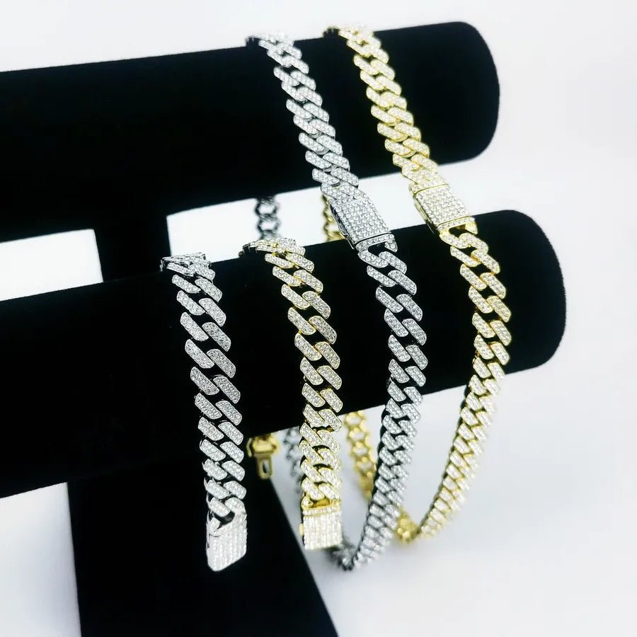 New Hip Hop hiphop Trendy 10 Diamond Flip Cuban Chain Full Diamond Necklace Big Gold Chain - Canvas & Charms