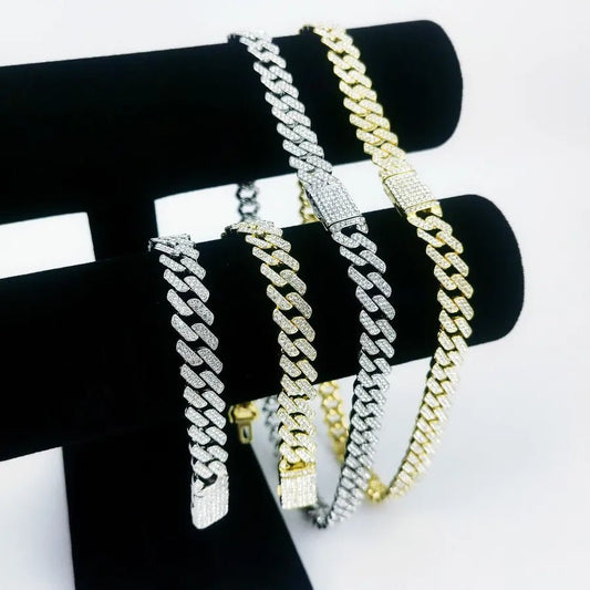 New Hip Hop hiphop Trendy 10 Diamond Flip Cuban Chain Full Diamond Necklace Big Gold Chain - Canvas & Charms