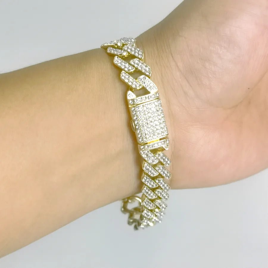 New Hip Hop hiphop Trendy 10 Diamond Flip Cuban Chain Full Diamond Necklace Big Gold Chain - Canvas & Charms