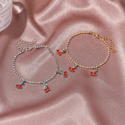 new rhinestone cherry anklet women's beach leisure fruit pendant anklet tennis chain anklet - Canvas & Charms