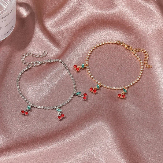 new rhinestone cherry anklet women's beach leisure fruit pendant anklet tennis chain anklet - Canvas & Charms