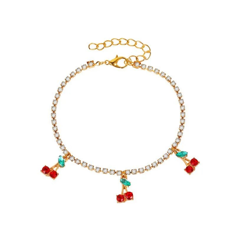 new rhinestone cherry anklet women's beach leisure fruit pendant anklet tennis chain anklet - Canvas & Charms