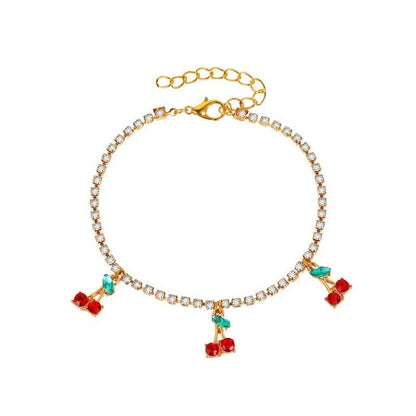 new rhinestone cherry anklet women's beach leisure fruit pendant anklet tennis chain anklet - Canvas & Charms
