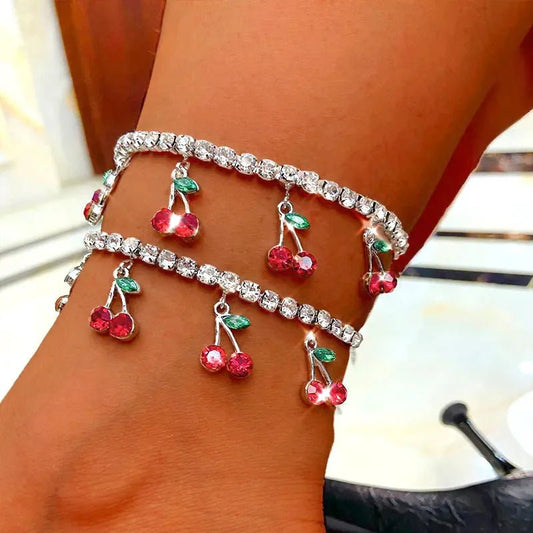 new rhinestone cherry anklet women's beach leisure fruit pendant anklet tennis chain anklet - Canvas & Charms