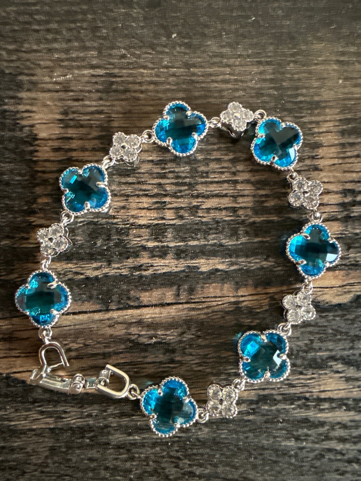 Ocean Blue Clover Station Bracelet with White Crystals - Canvas & Charms