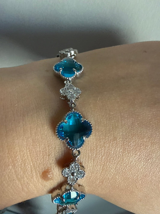 Ocean Blue Clover Station Bracelet with White Crystals - Canvas & Charms