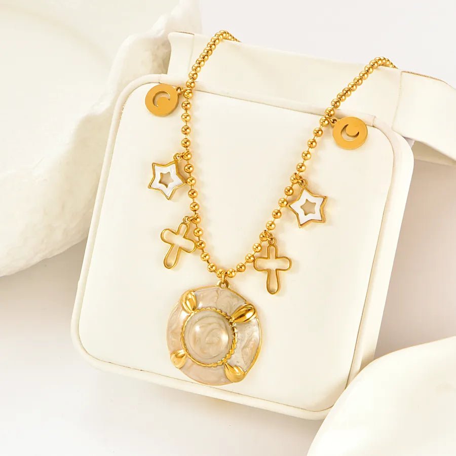 Pentagram Epoxy Necklace for Women with 18K Real Gold Plated 304 Stainless Steel, PVD Coated, Shell Inlay, featuring Round Bead Chain - Canvas & Charms