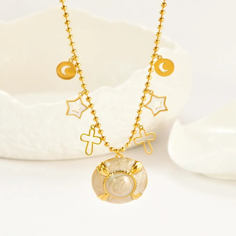 Pentagram Epoxy Necklace for Women with 18K Real Gold Plated 304 Stainless Steel, PVD Coated, Shell Inlay, featuring Round Bead Chain - Canvas & Charms