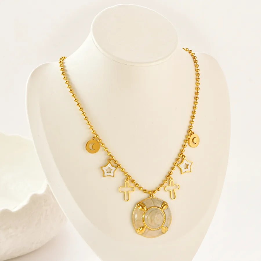 Pentagram Epoxy Necklace for Women with 18K Real Gold Plated 304 Stainless Steel, PVD Coated, Shell Inlay, featuring Round Bead Chain - Canvas & Charms
