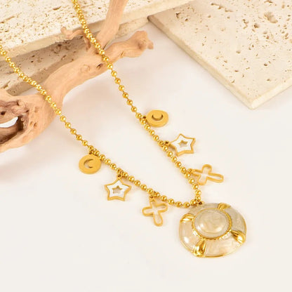 Pentagram Epoxy Necklace for Women with 18K Real Gold Plated 304 Stainless Steel, PVD Coated, Shell Inlay, featuring Round Bead Chain - Canvas & Charms