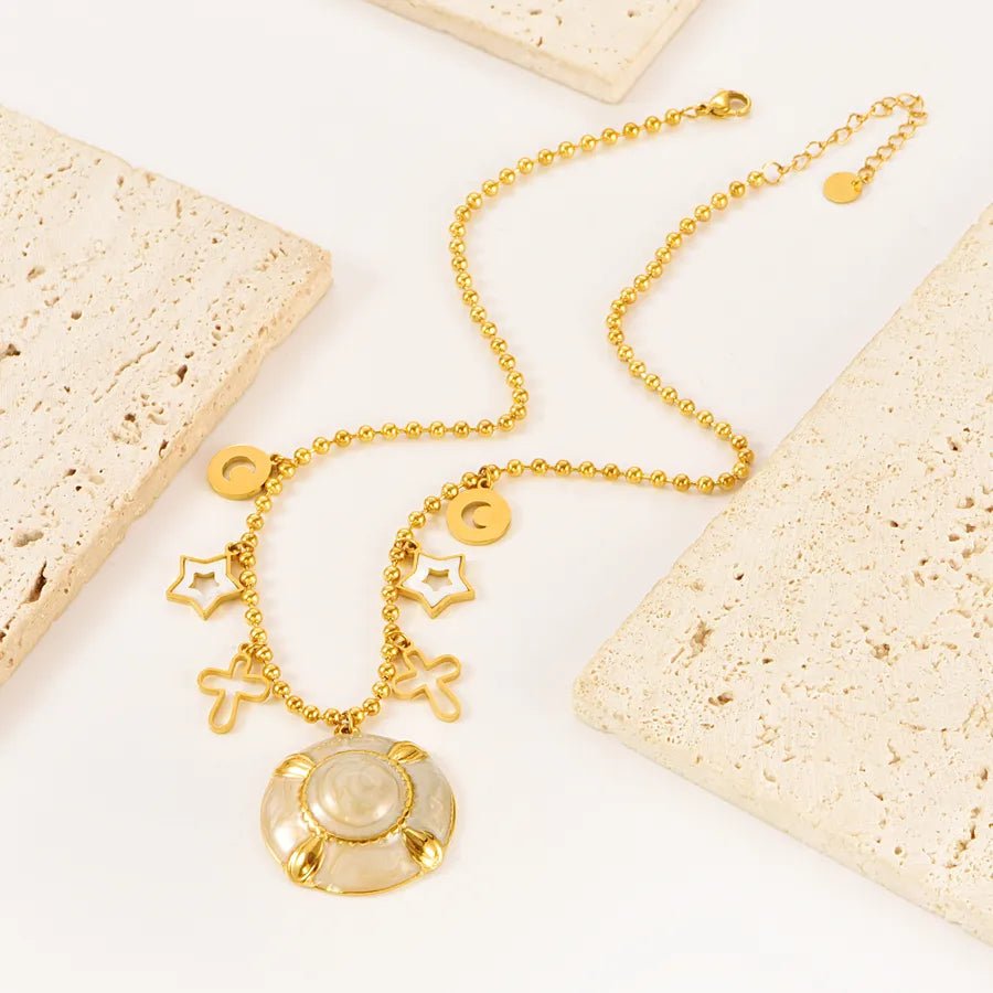 Pentagram Epoxy Necklace for Women with 18K Real Gold Plated 304 Stainless Steel, PVD Coated, Shell Inlay, featuring Round Bead Chain - Canvas & Charms