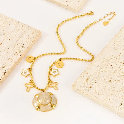 Pentagram Epoxy Necklace for Women with 18K Real Gold Plated 304 Stainless Steel, PVD Coated, Shell Inlay, featuring Round Bead Chain - Canvas & Charms