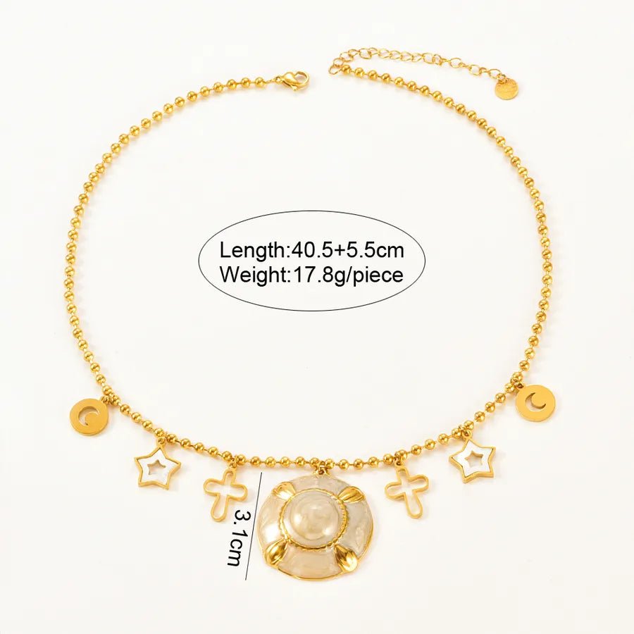 Pentagram Epoxy Necklace for Women with 18K Real Gold Plated 304 Stainless Steel, PVD Coated, Shell Inlay, featuring Round Bead Chain - Canvas & Charms
