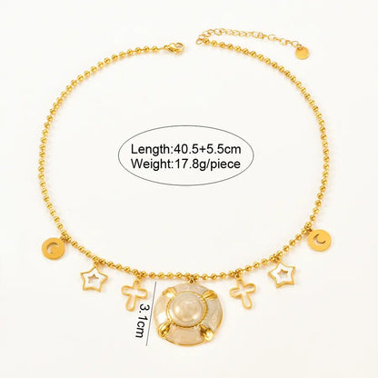 Pentagram Epoxy Necklace for Women with 18K Real Gold Plated 304 Stainless Steel, PVD Coated, Shell Inlay, featuring Round Bead Chain - Canvas & Charms