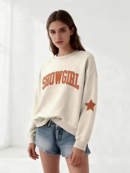 Showgirl Sweatshirt for Women Crewneck Orange Lettering & Star Design Round Neck Casual Pullover with Orange Elements for Music Events