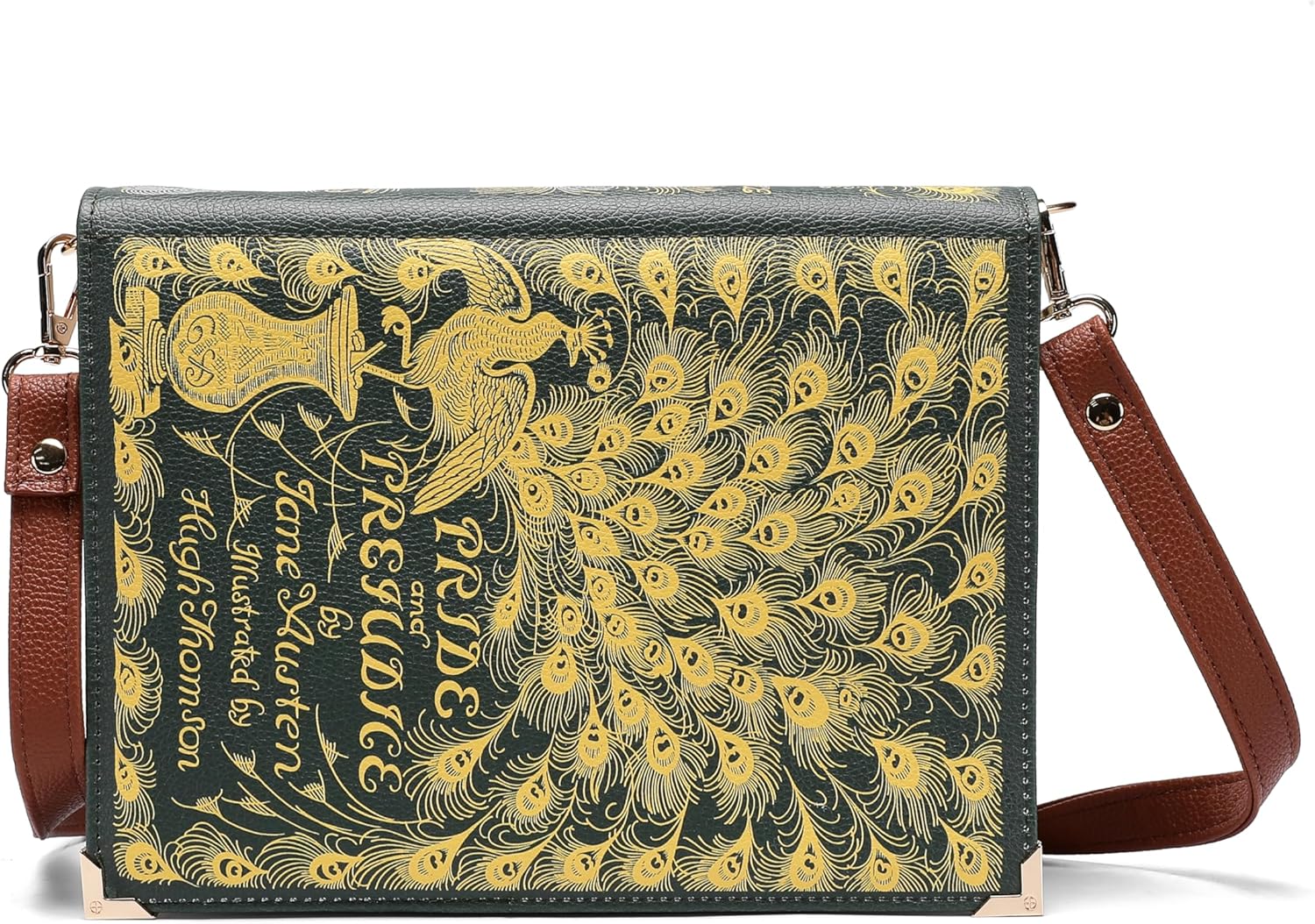 Pride and Prejudice Cross - Body Shoulder Bag Perfect for Book Lovers | Book Purse Clutch | Bookish Gift for Her | Jane Austen Valentine’s Day Present, Green, Large - Canvas & Charms