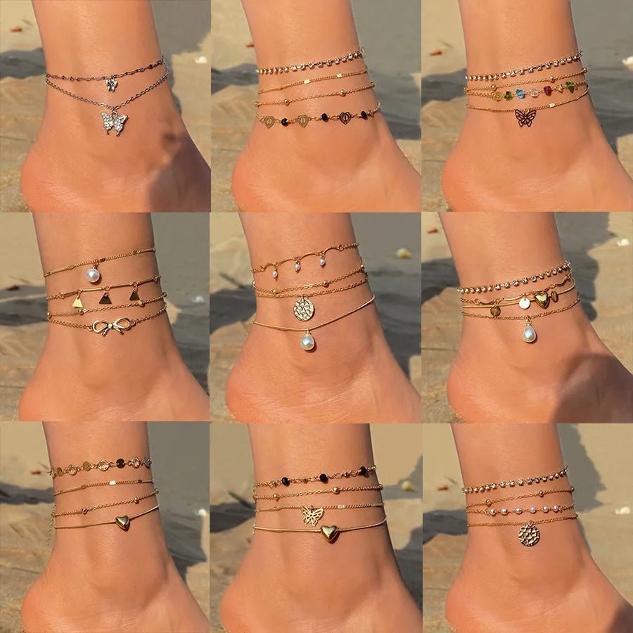 retro Bohemian beach anklet set fashion simple wind color diamond butterfly multi-layer anklet wholesale - Canvas & Charms