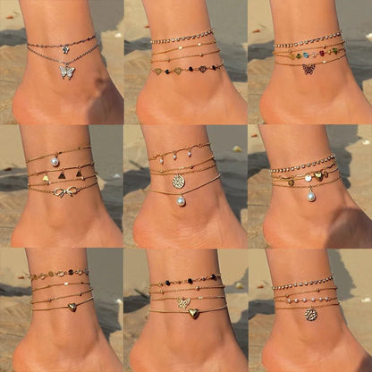 retro Bohemian beach anklet set fashion simple wind color diamond butterfly multi-layer anklet wholesale - Canvas & Charms