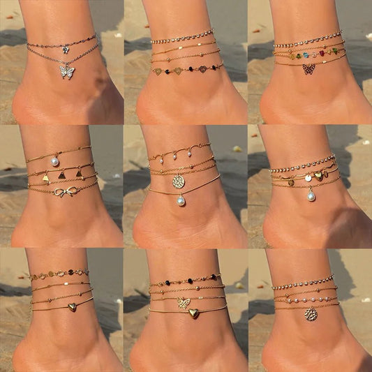 retro Bohemian beach anklet set fashion simple wind color diamond butterfly multi-layer anklet wholesale - Canvas & Charms