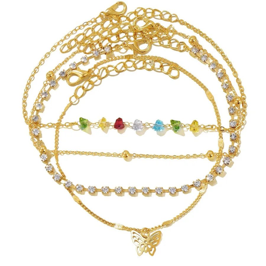 retro Bohemian beach anklet set fashion simple wind color diamond butterfly multi-layer anklet wholesale - Canvas & Charms