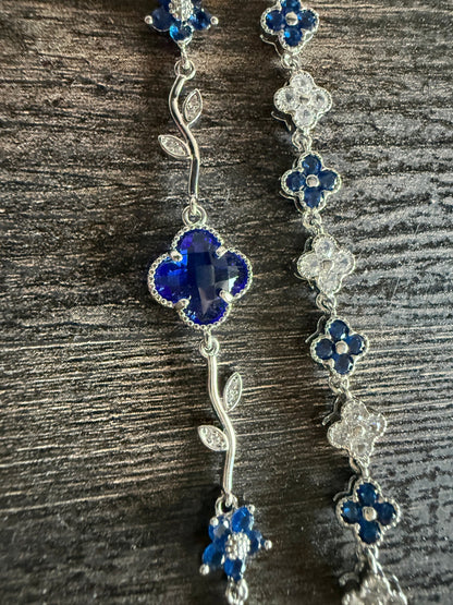 Sapphire Blue Clover Silver Bracelet Set VCA Vine Inspired Tennis 6.5 Inches Clasp Closure - Canvas & Charms