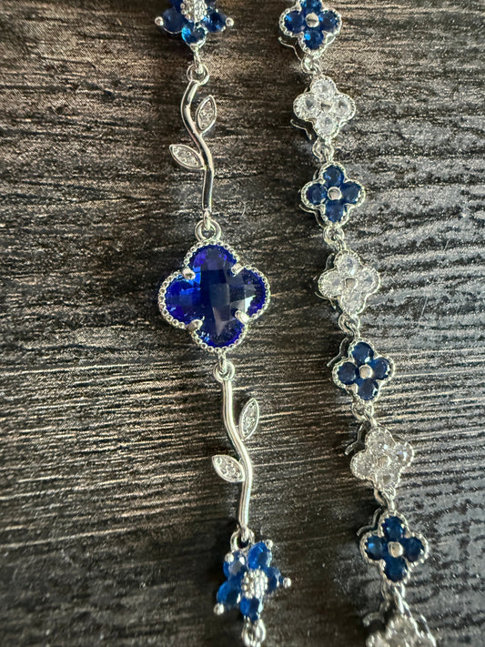 Sapphire Blue Clover Silver Bracelet Set VCA Vine Inspired Tennis 6.5 Inches Clasp Closure - Canvas & Charms