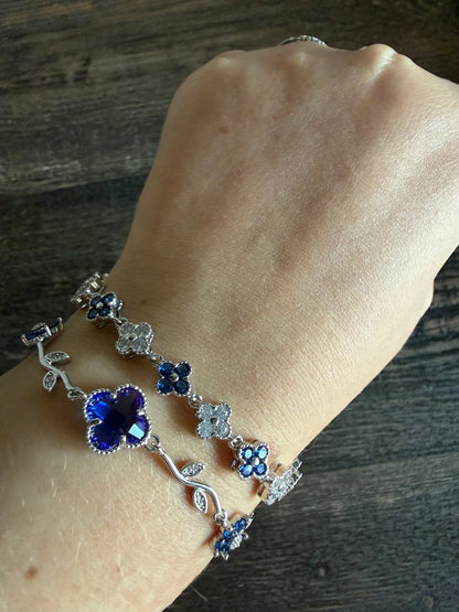 Sapphire Blue Clover Silver Bracelet Set VCA Vine Inspired Tennis 6.5 Inches Clasp Closure - Canvas & Charms