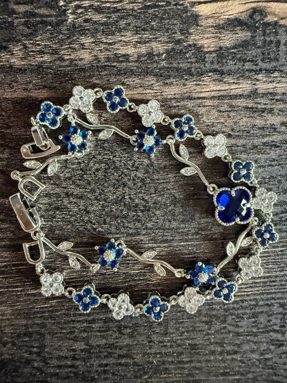 Sapphire Blue Clover Silver Bracelet Set VCA Vine Inspired Tennis 6.5 Inches Clasp Closure - Canvas & Charms