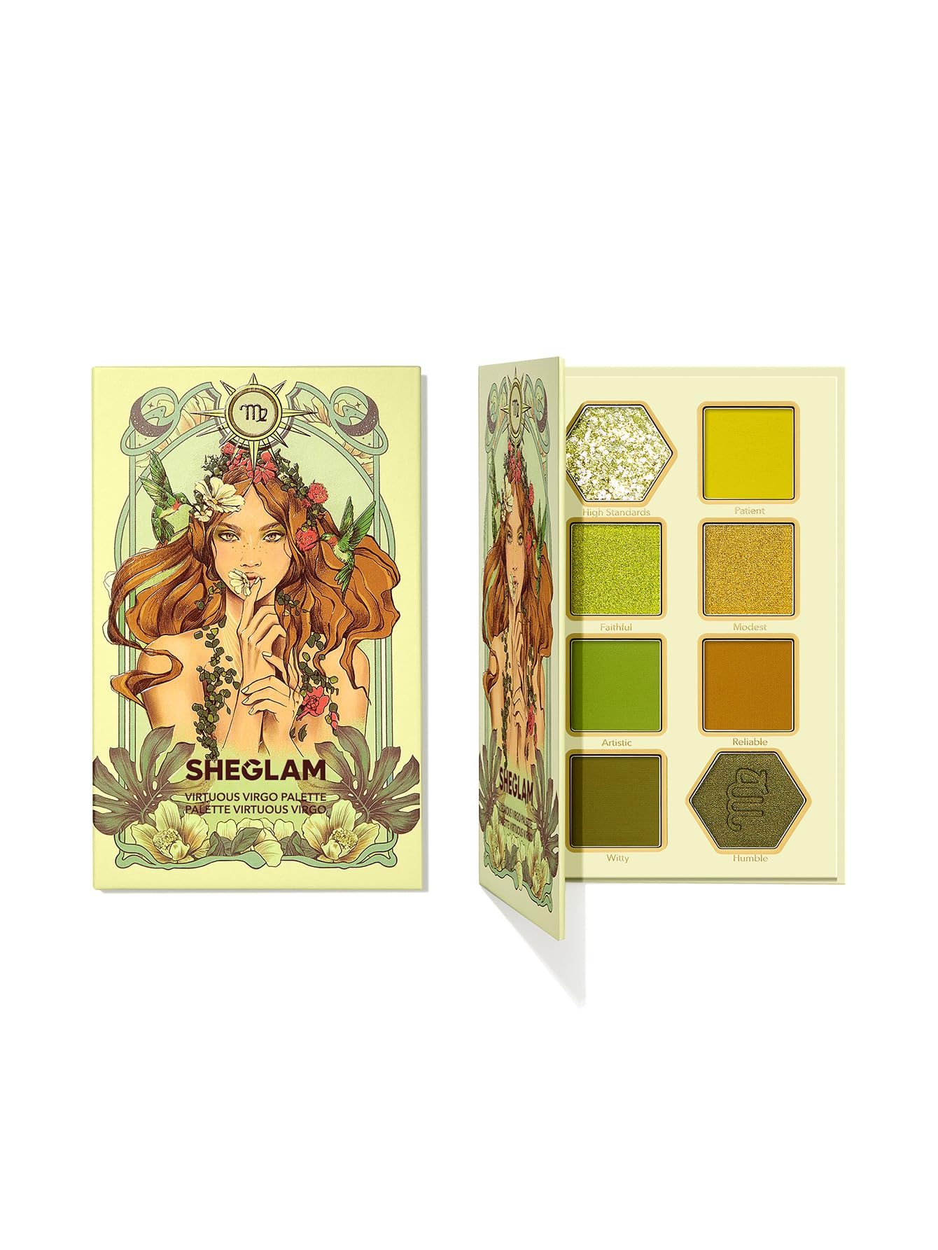 SHEGLAM Glitter Metallic Eyeshadow Palette 8 - Color High Pigment Green Gold Long Wearing Horoscope Collection Eye Shadow Palette - Virtuous Virgo - Canvas & Charms