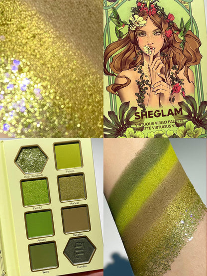 SHEGLAM Glitter Metallic Eyeshadow Palette 8 - Color High Pigment Green Gold Long Wearing Horoscope Collection Eye Shadow Palette - Virtuous Virgo - Canvas & Charms