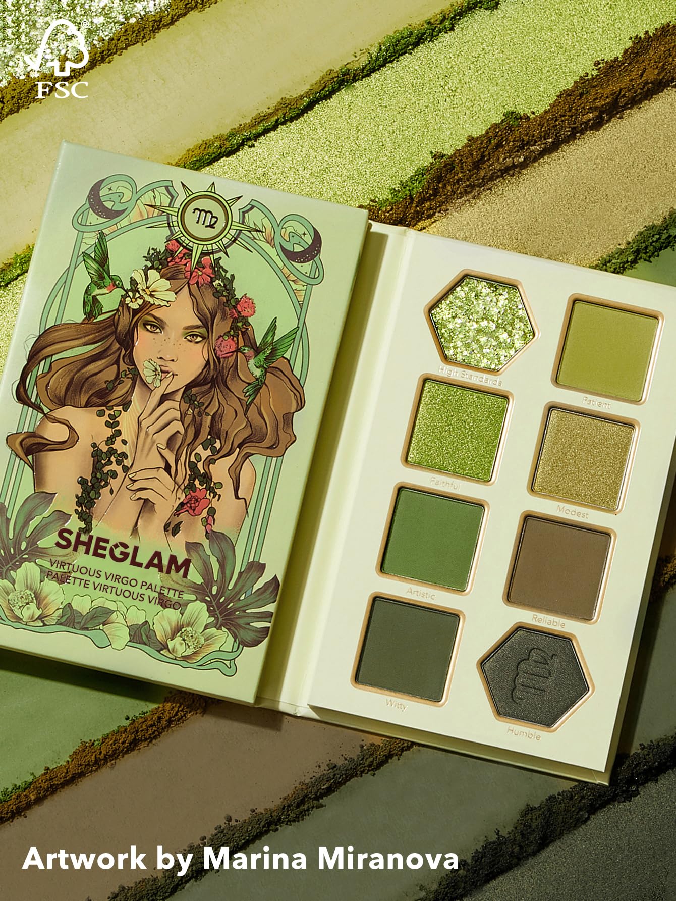 SHEGLAM Glitter Metallic Eyeshadow Palette 8 - Color High Pigment Green Gold Long Wearing Horoscope Collection Eye Shadow Palette - Virtuous Virgo - Canvas & Charms
