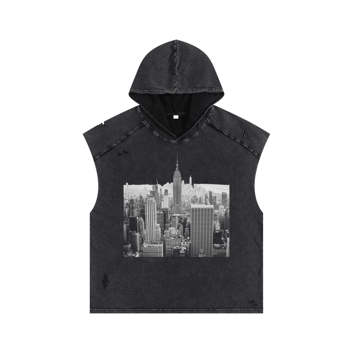 Snow Washed Boxy Hooded Tank Top with NYC Print Rooftop View Midtown Manhattan - Canvas & Charms