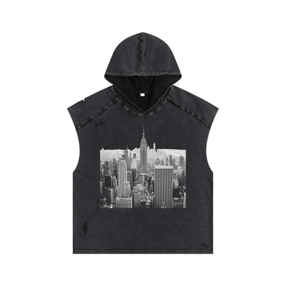 Snow Washed Boxy Hooded Tank Top with NYC Print Rooftop View Midtown Manhattan - Canvas & Charms