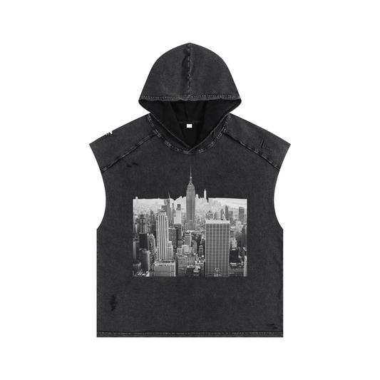 Snow Washed Boxy Hooded Tank Top with NYC Print Rooftop View Midtown Manhattan - Canvas & Charms