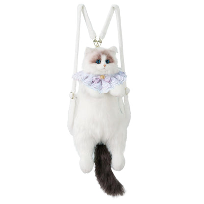 Stuffed Cat Backpack - Cute plush Backpack Toy, Handcrafted Realistic Cat Shaped Backpack, Plush Bag with Adjustable Shoulder, Crossbody, Backpack Straps (White) - Canvas & Charms