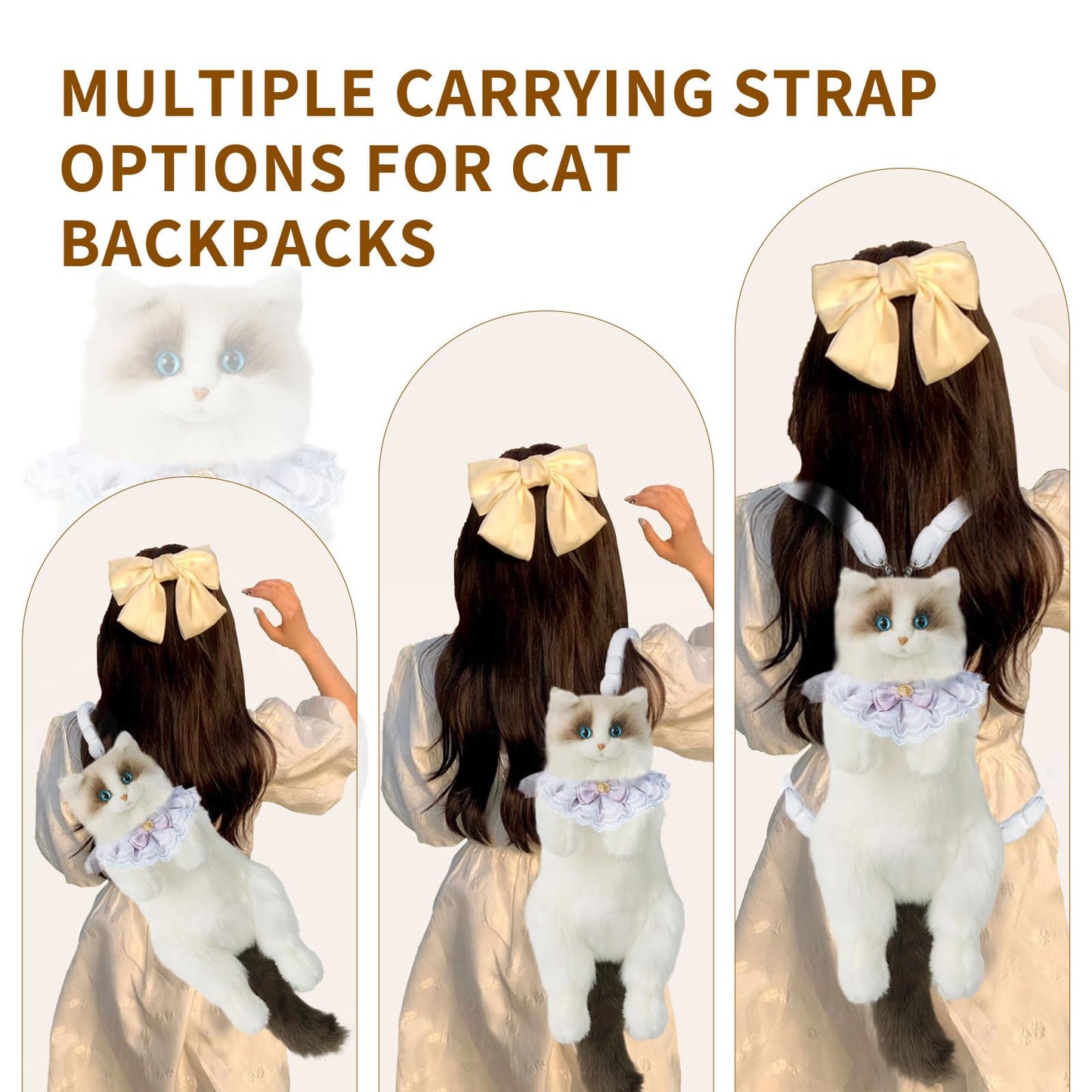 Stuffed Cat Backpack - Cute plush Backpack Toy, Handcrafted Realistic Cat Shaped Backpack, Plush Bag with Adjustable Shoulder, Crossbody, Backpack Straps (White) - Canvas & Charms