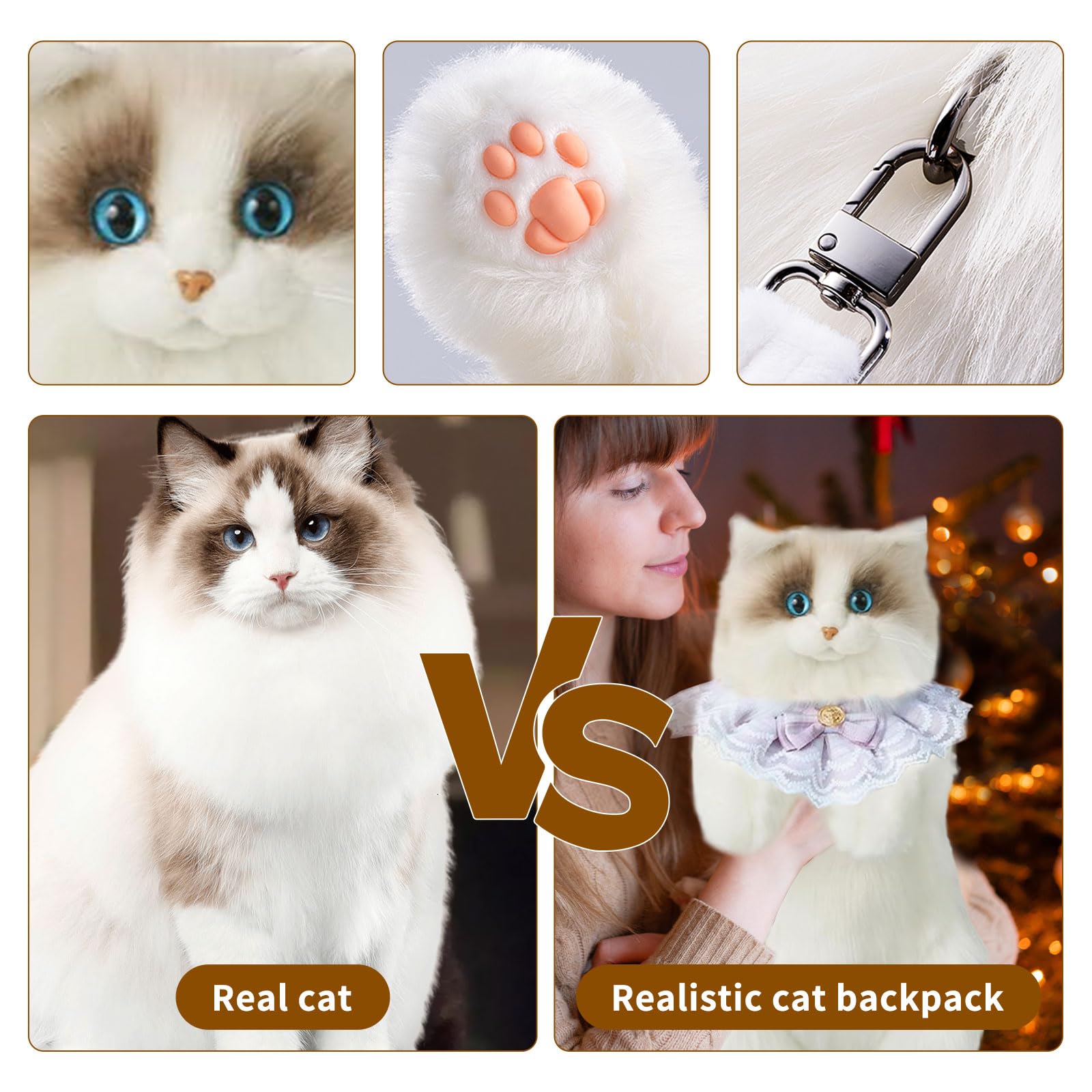 Stuffed Cat Backpack - Cute plush Backpack Toy, Handcrafted Realistic Cat Shaped Backpack, Plush Bag with Adjustable Shoulder, Crossbody, Backpack Straps (White) - Canvas & Charms