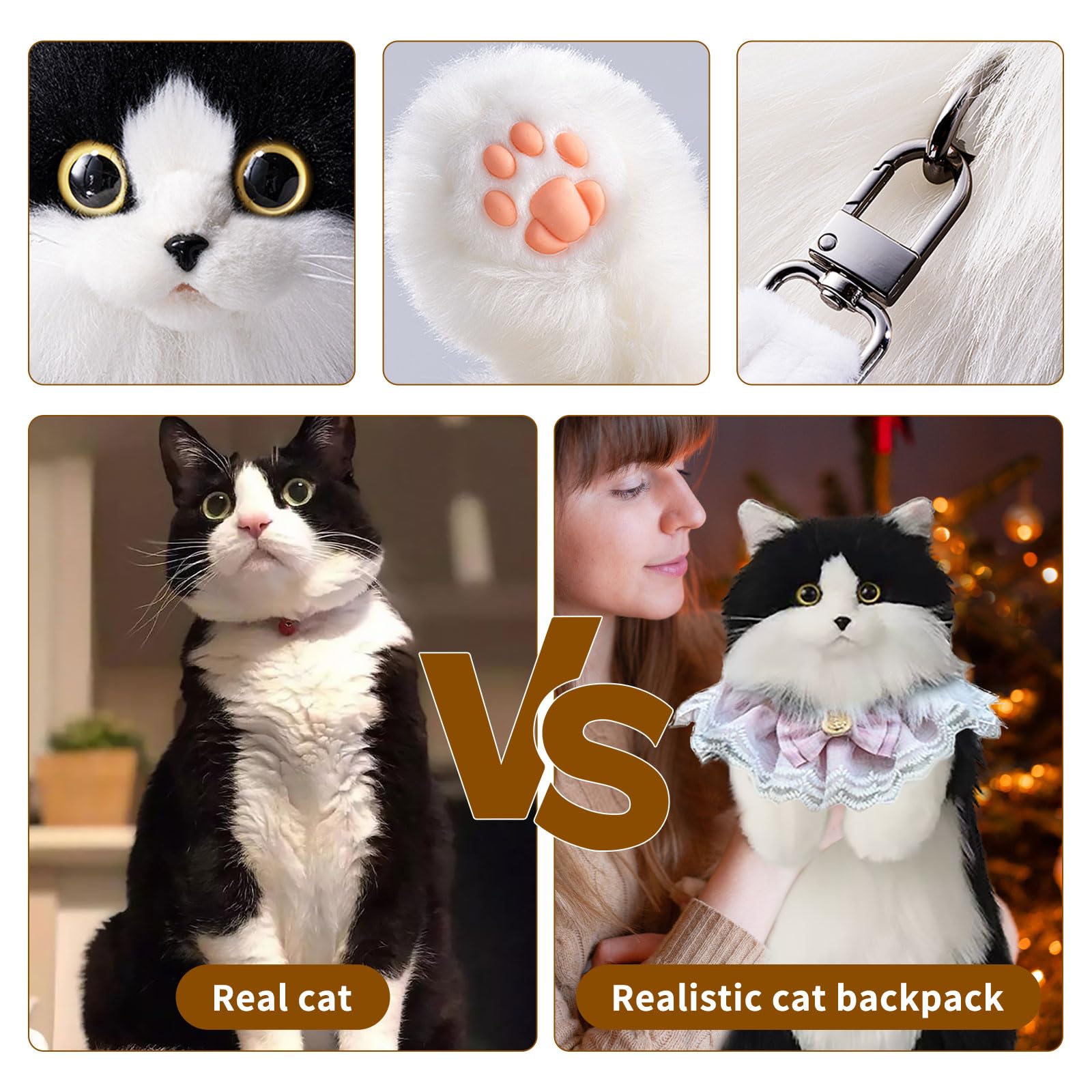 Stuffed Cat Backpack - Cute plush Backpack Toy, Handcrafted Realistic Cat Shaped Backpack, Plush Bag with Adjustable Shoulder, Crossbody, Backpack Straps (White) - Canvas & Charms