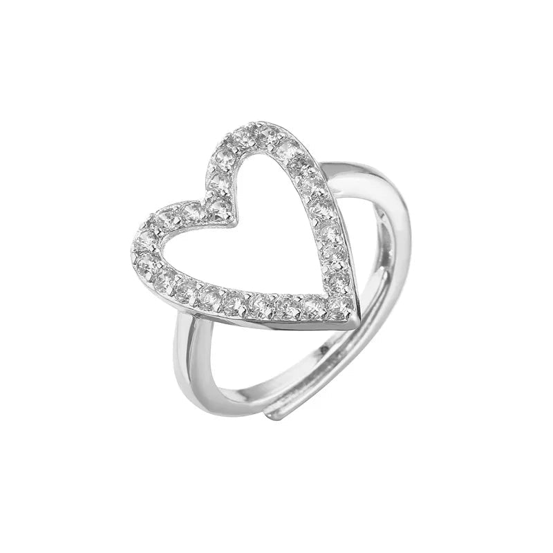sweet heart shape copper plating inlay zircon open ring 1 piece - Canvas & Charms
