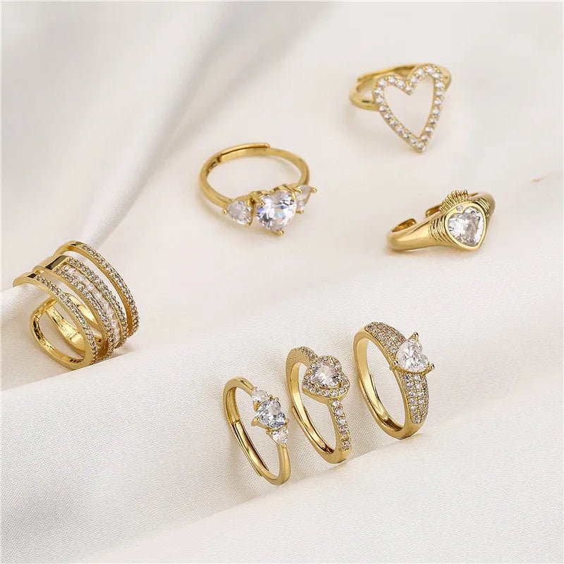 sweet heart shape copper plating inlay zircon open ring 1 piece - Canvas & Charms