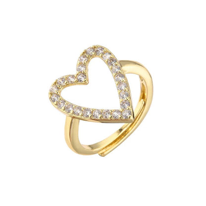 sweet heart shape copper plating inlay zircon open ring 1 piece - Canvas & Charms