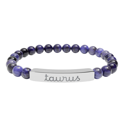 Taurus Zodiac Sign Natural Stone Stretch Bar Bracelet with Engraving - Canvas & Charms